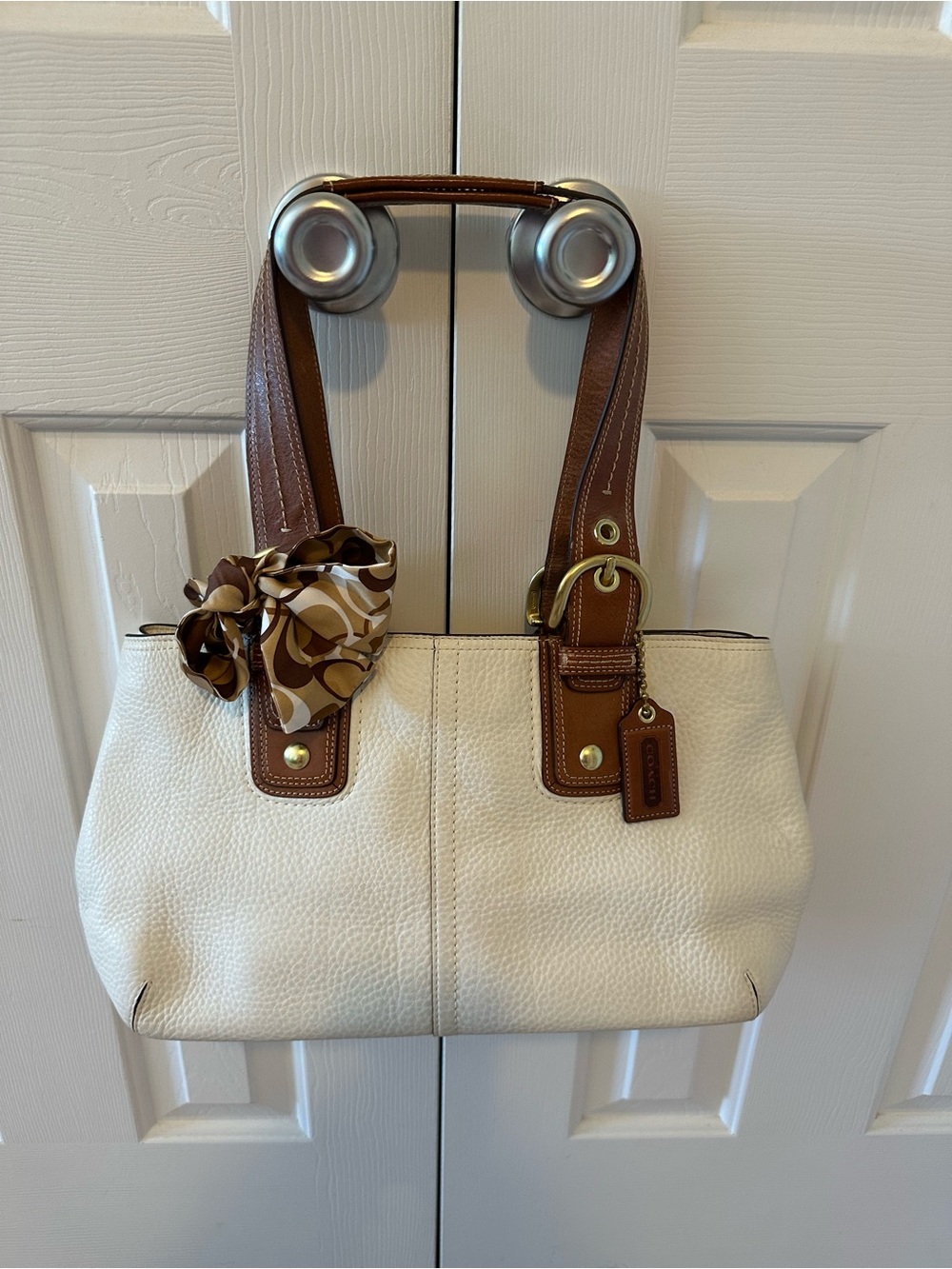 Coach Cream Pebbled Leather Shoulder Bag with Brown Trim